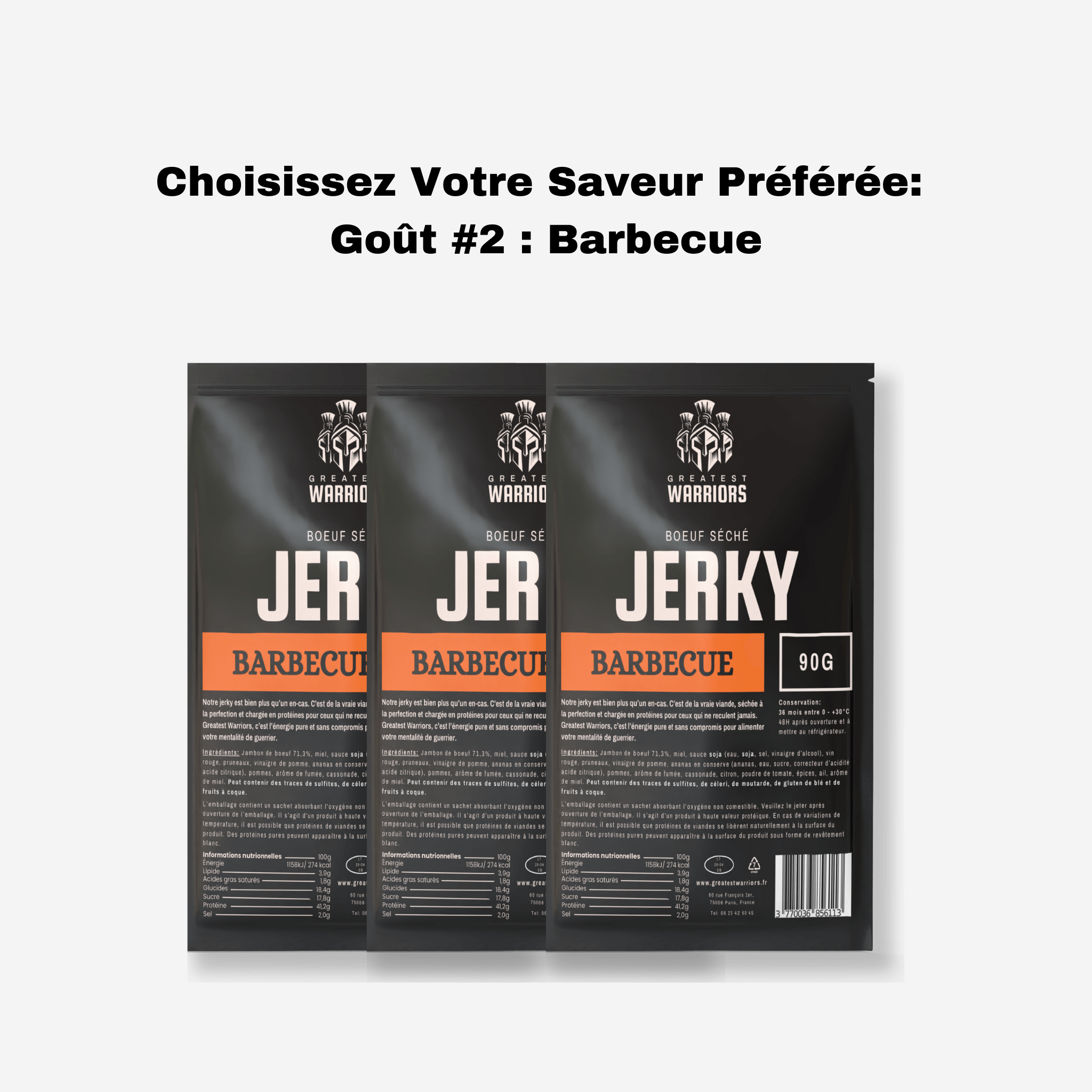 Pack de 3 sachets de 90g de jerky saveur Barbecue - Viande séchée aux notes fumées, idéale pour les grandes faims.