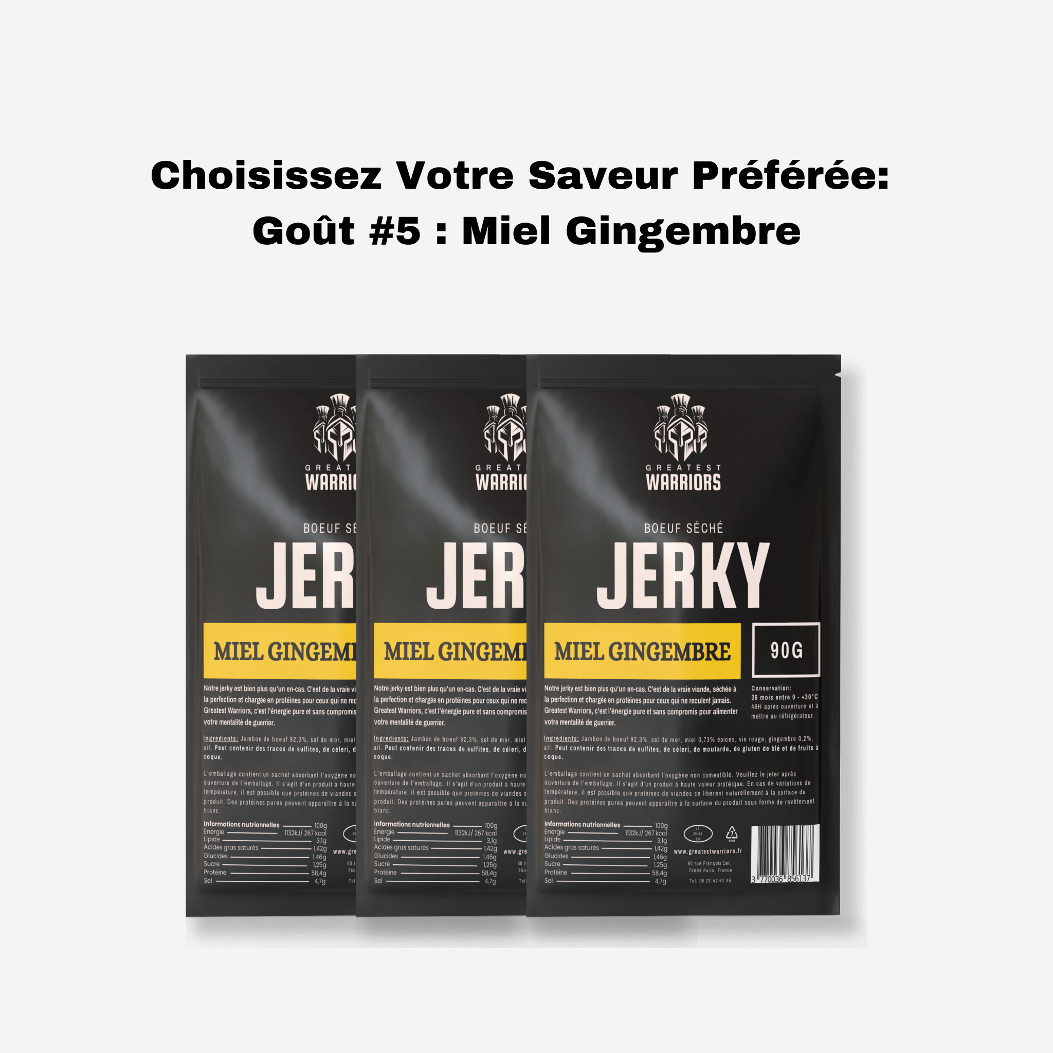 Pack de 3 sachets de 90g de jerky saveur Miel Gingembre - Viande séchée associant douceur du miel et piquant du gingembre.