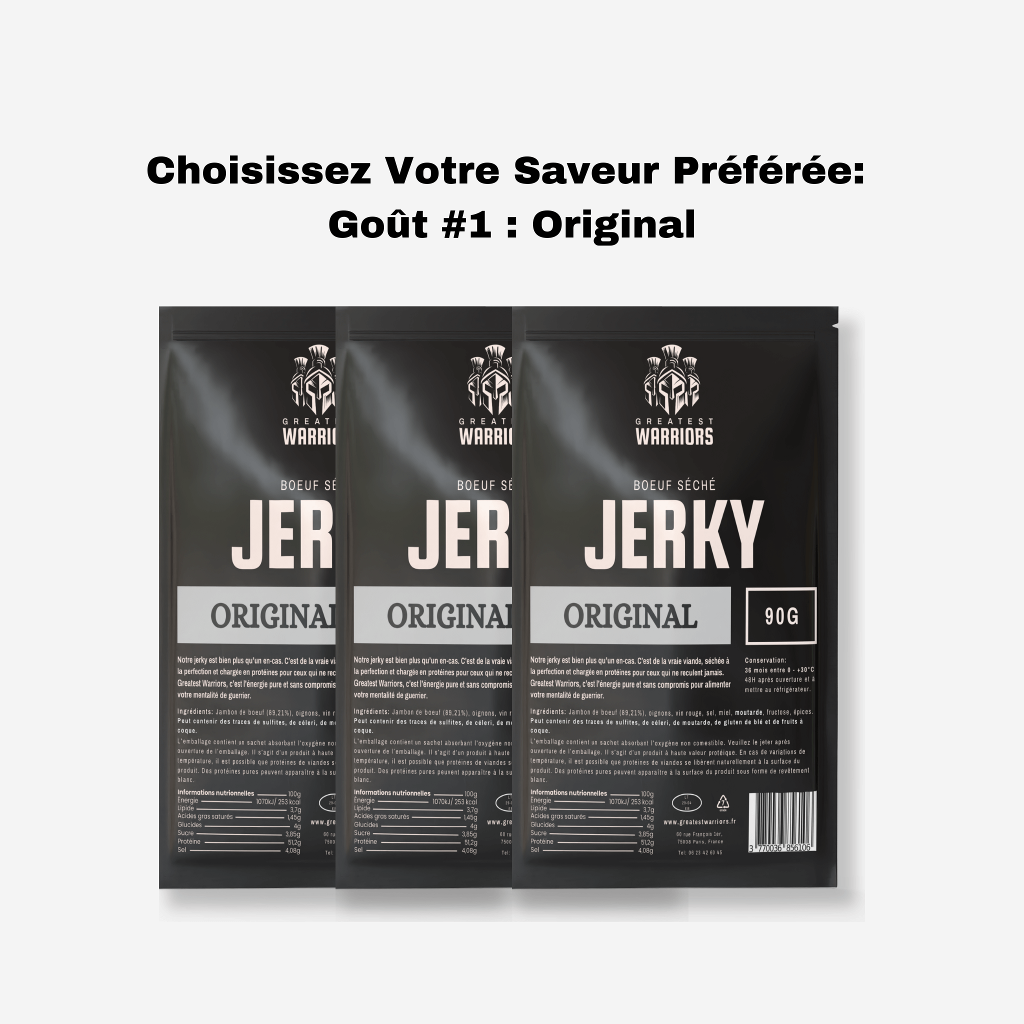 Pack de 3 sachets de 90g de jerky saveur Original - Viande séchée riche en protéines pour les amateurs de goûts classiques.