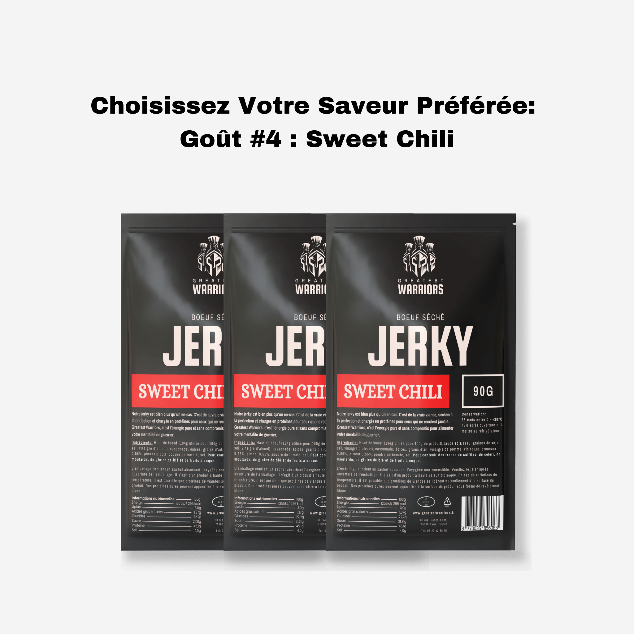 Pack de 3 sachets de 90g de jerky saveur Sweet Chili - Viande séchée aux notes épicées et sucrées, parfaite pour un snack audacieux.