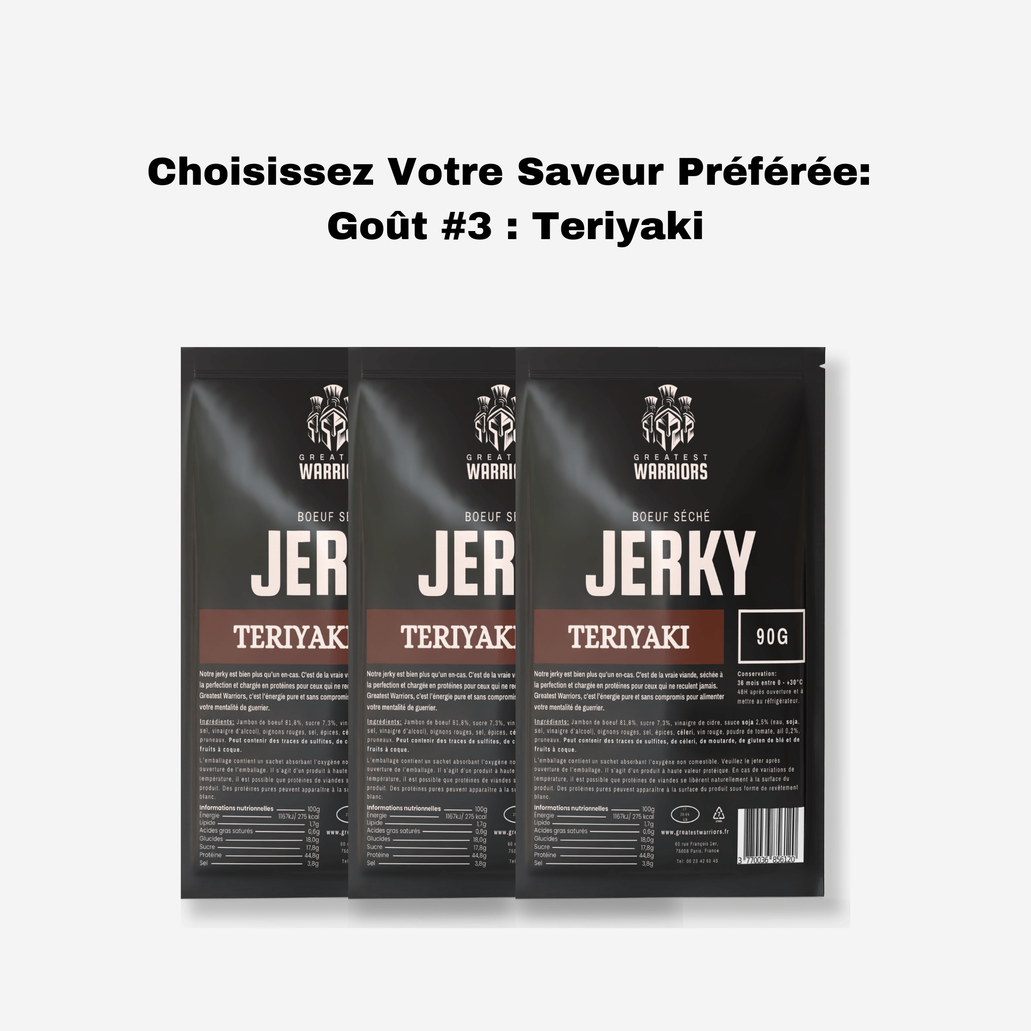 Pack de 3 sachets de 90g de jerky saveur Teriyaki - Viande séchée avec une touche sucrée-salée pour les palais aventureux.