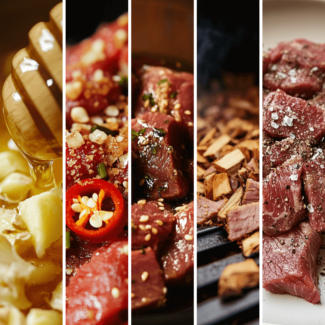 Collage illustrant les 5 saveurs uniques de viande séchée : Miel Gingembre avec du miel et du gingembre, Sweet Chili avec des piments rouges, Teriyaki avec une marinade umami, Barbecue avec des copeaux de bois fumés, et Original avec sel et poivre.