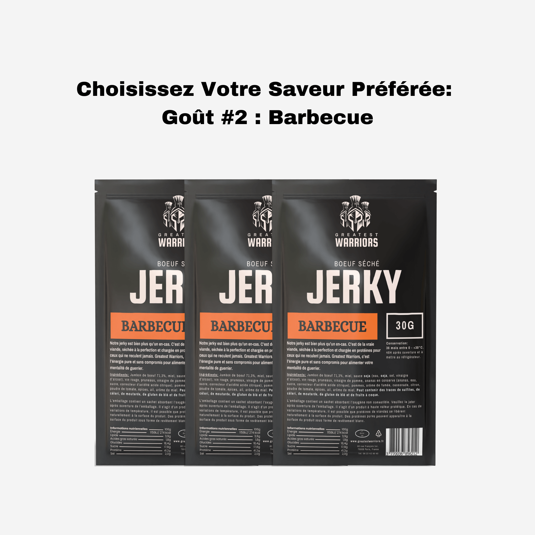 Lot de 3 sachets de viande séchée saveur Barbecue de 30g chacun, proposé par Greatest Warriors. Une collation fumée et riche en protéines.