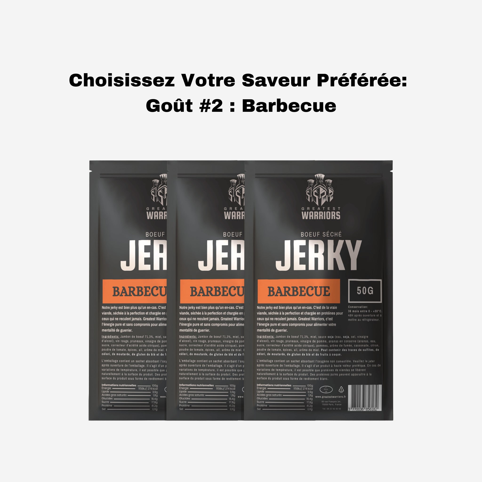 Lot de 3 sachets de viande séchée saveur Barbecue de 50g chacun, proposé par Greatest Warriors. Une collation riche en protéines avec une touche fumée et estivale.