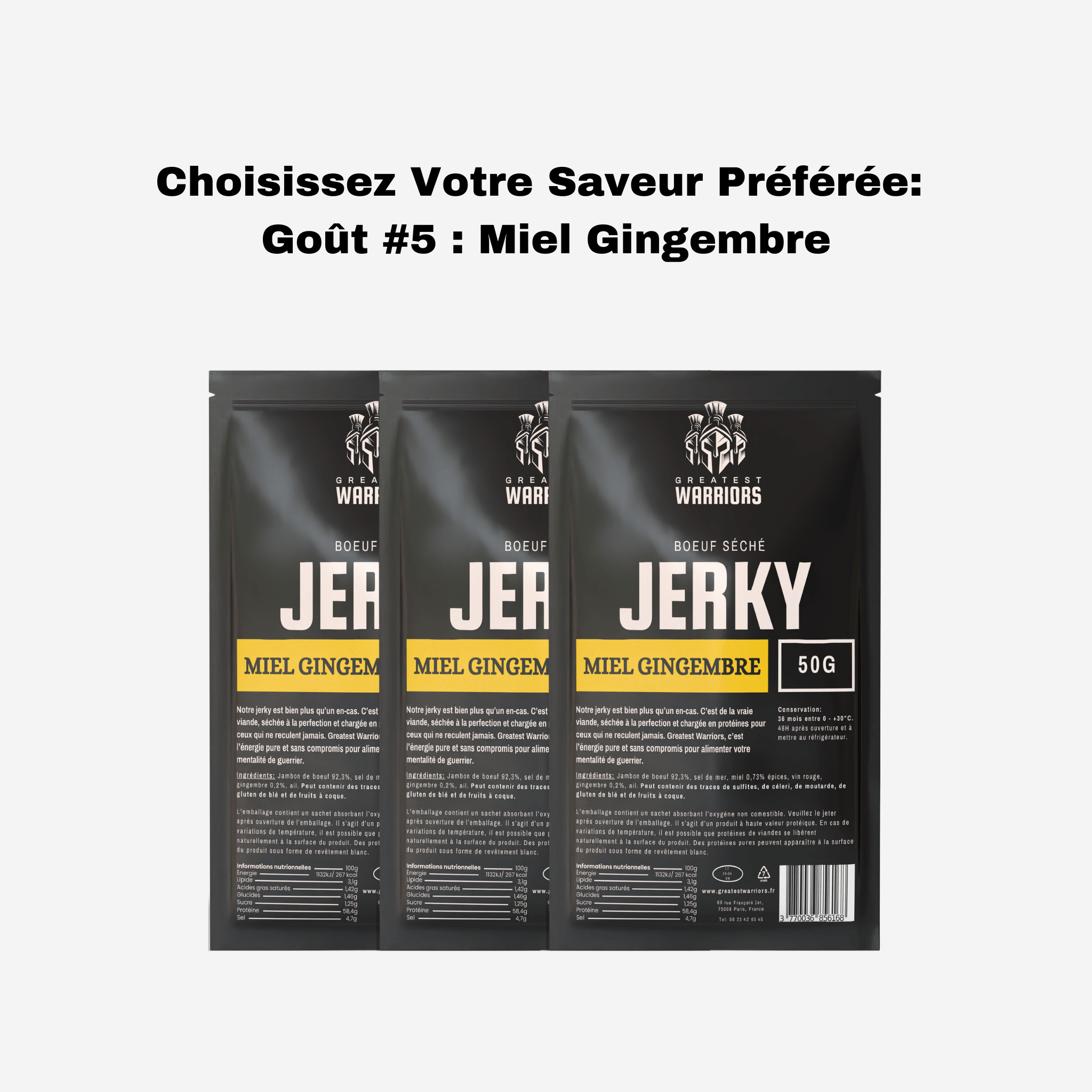 Lot de 3 sachets de viande séchée saveur Miel Gingembre de 50g chacun, offert par Greatest Warriors. Une délicieuse combinaison sucrée et épicée.
