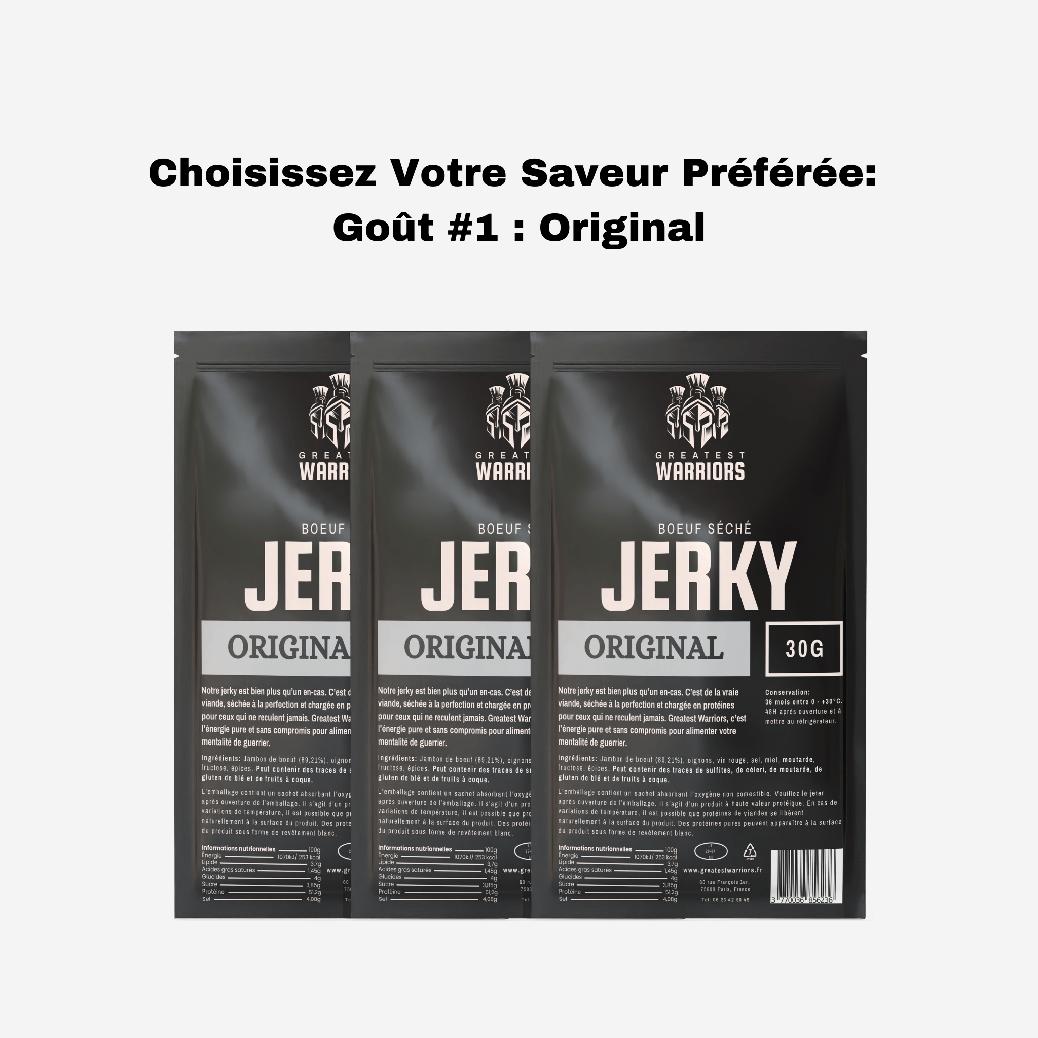 Lot de 3 sachets de viande séchée saveur Original de 30g chacun, proposé par Greatest Warriors. Une collation riche en protéines et parfaite pour un snack léger.
