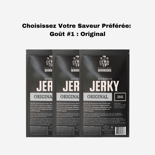 Lot de 3 sachets de viande séchée saveur Original de 30g chacun, proposé par Greatest Warriors. Une collation riche en protéines et parfaite pour un snack léger.