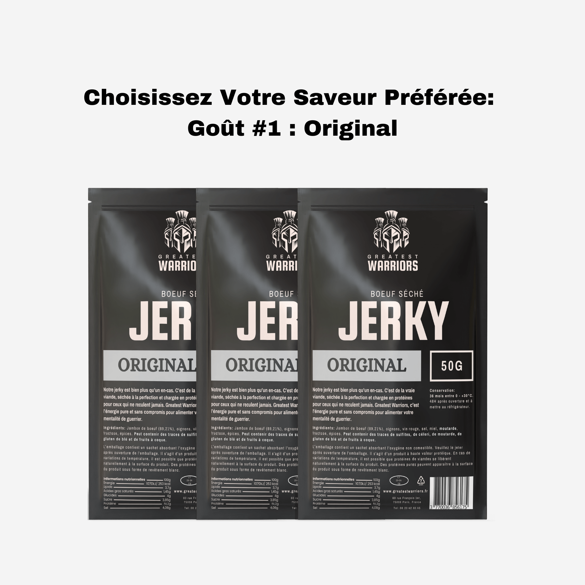 Lot de 3 sachets de viande séchée saveur Original de 50g chacun, proposé par Greatest Warriors. Idéal pour une collation riche en protéines.