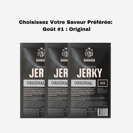 Lot de 3 sachets de viande séchée saveur Original de 50g chacun, proposé par Greatest Warriors. Idéal pour une collation riche en protéines.