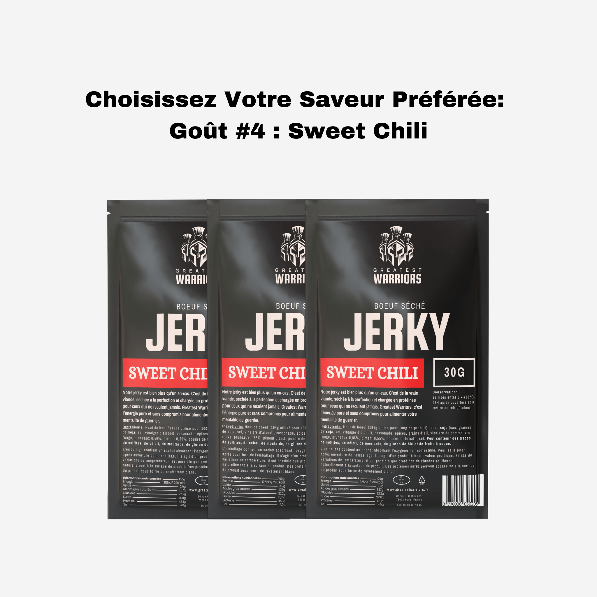  Lot de 3 sachets de viande séchée saveur Sweet Chili de 30g chacun, proposé par Greatest Warriors. Une collation épicée et légèrement sucrée.