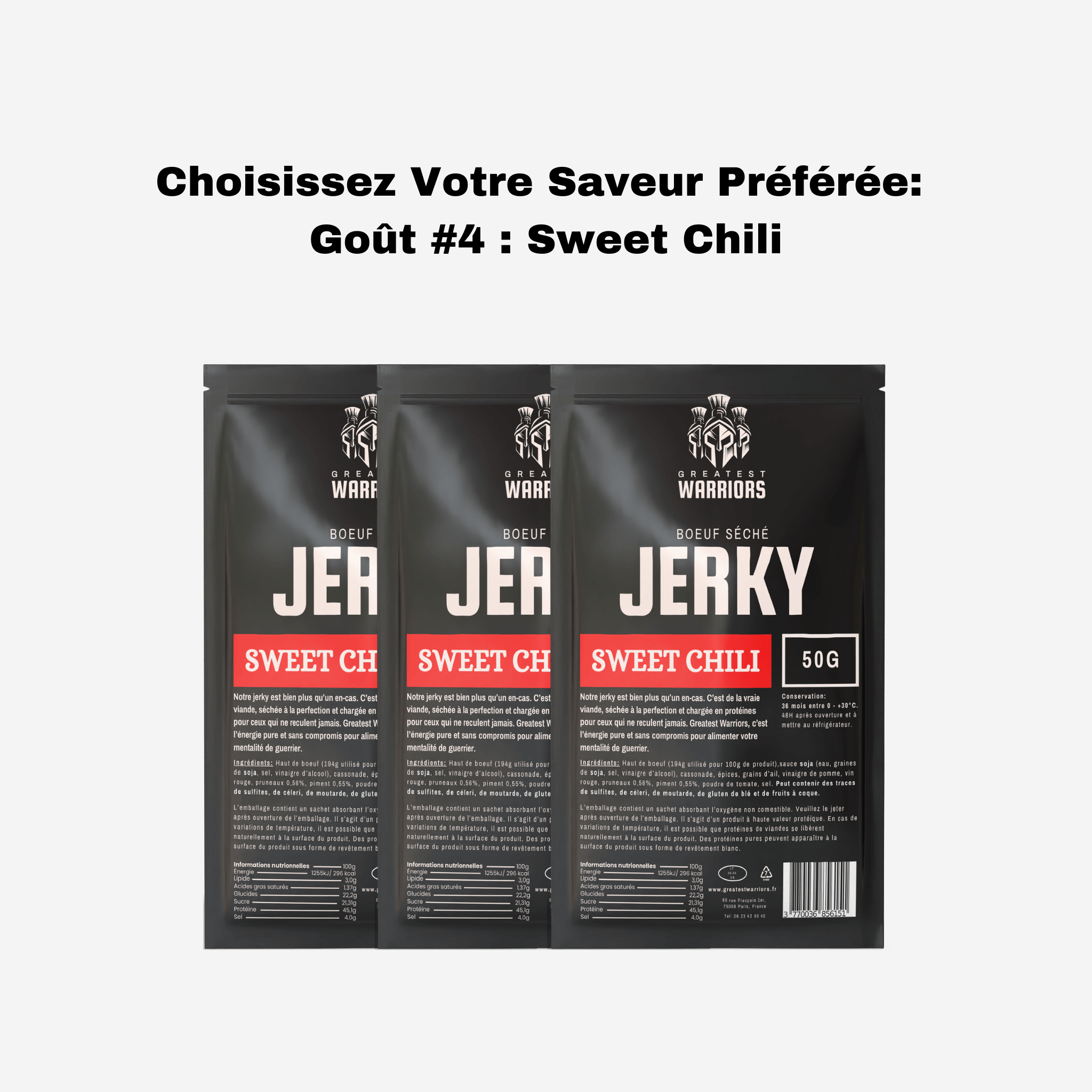 Lot de 3 sachets de viande séchée saveur Sweet Chili de 50g chacun, par Greatest Warriors. Une collation épicée-sucrée pour les amateurs de sensations fortes.