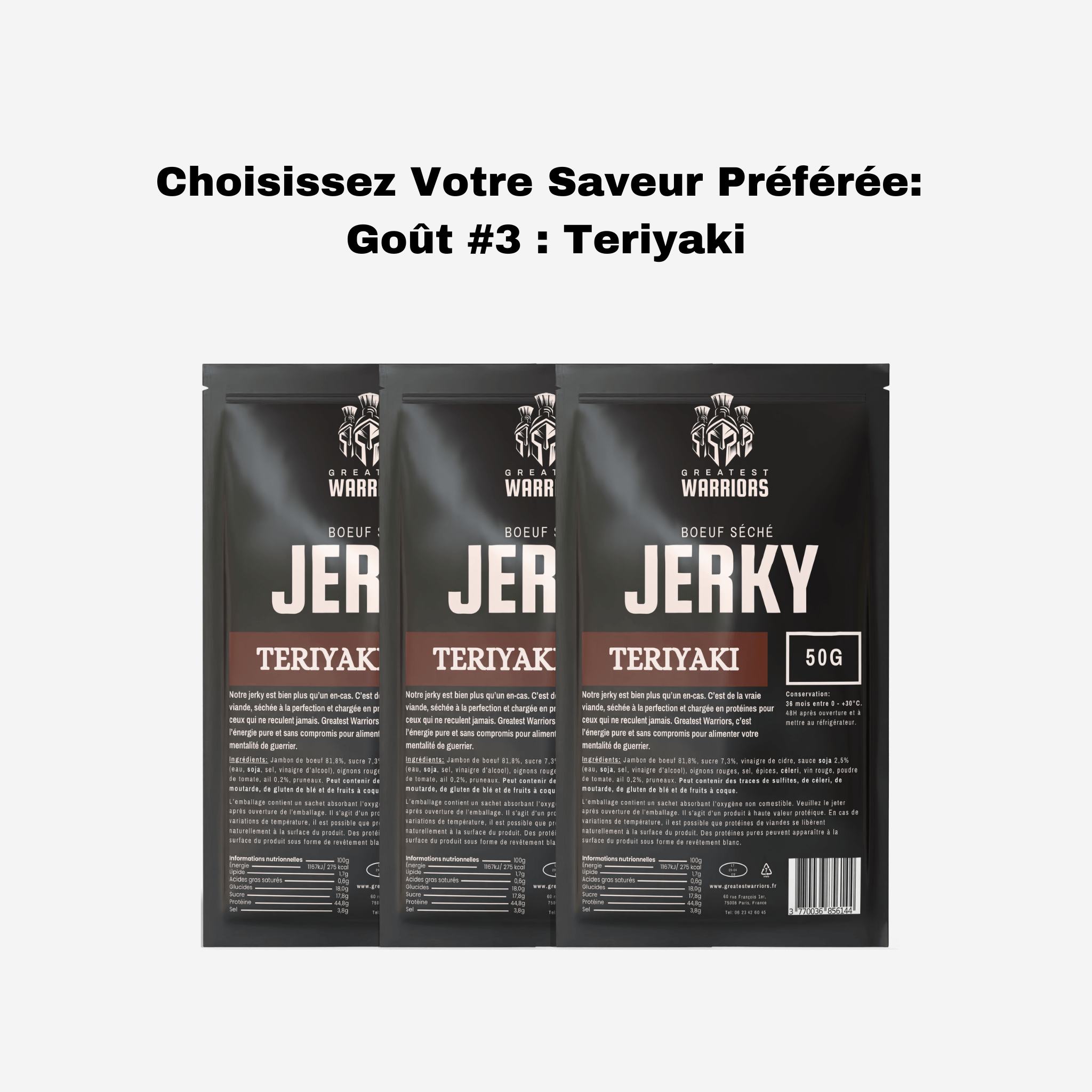 Lot de 3 sachets de viande séchée saveur Teriyaki de 50g chacun, proposé par Greatest Warriors. Une collation sucrée-salée idéale pour les amateurs d’exotisme.