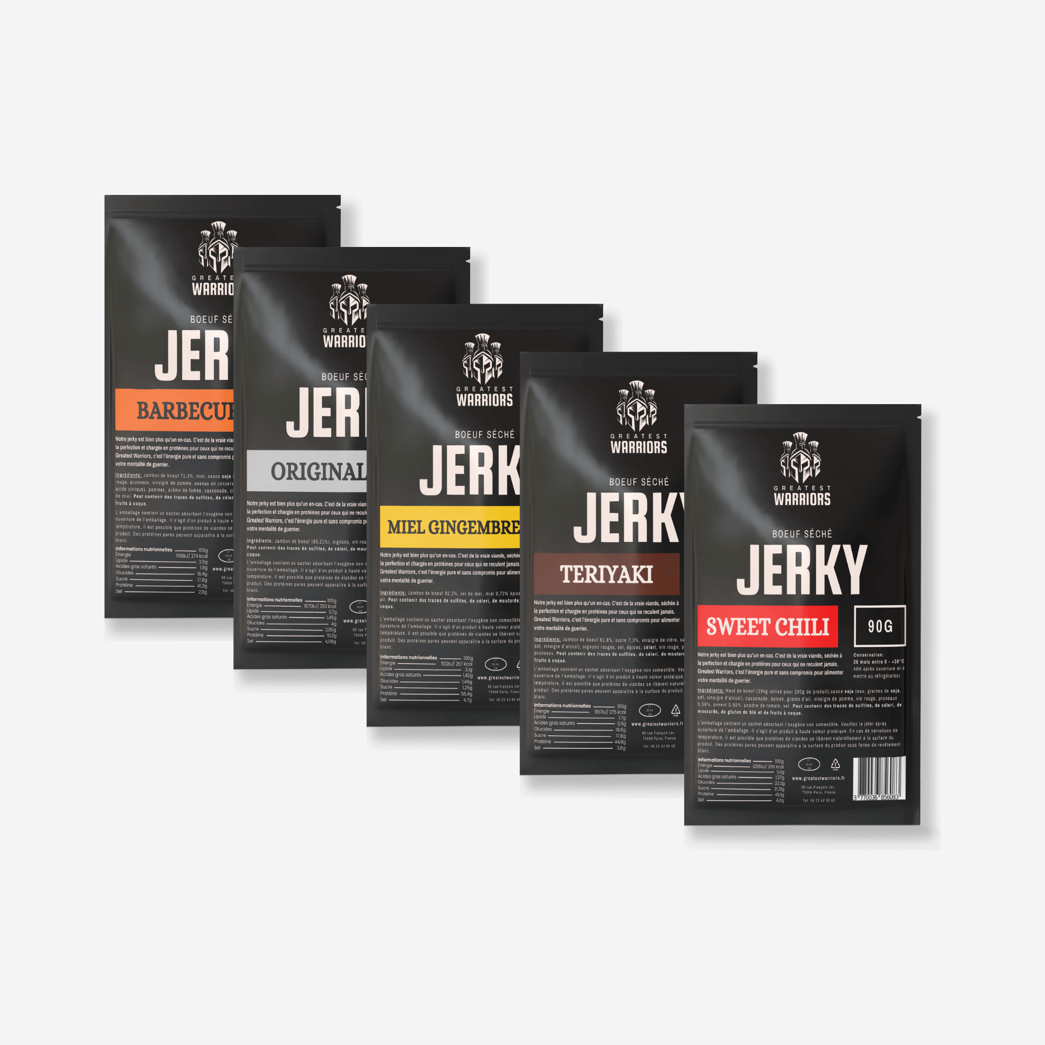 Pack Monster de viande séchée avec 5 sachets de 90g, incluant les saveurs Barbecue, Original, Miel Gingembre, Teriyaki et Sweet Chili - un assortiment gourmand et riche en protéines pour les grandes faims.