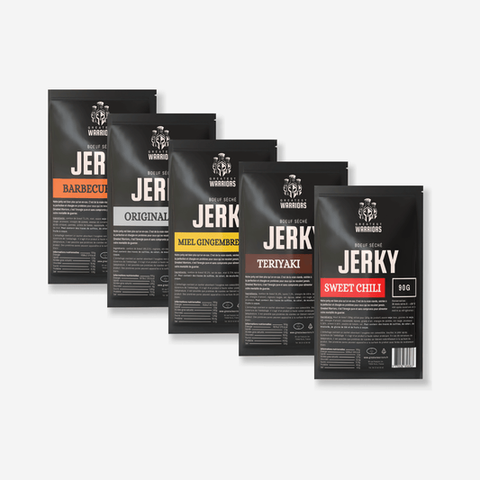 Pack Monster de viande séchée avec 5 sachets de 90g, incluant les saveurs Barbecue, Original, Miel Gingembre, Teriyaki et Sweet Chili - un assortiment gourmand et riche en protéines pour les grandes faims.