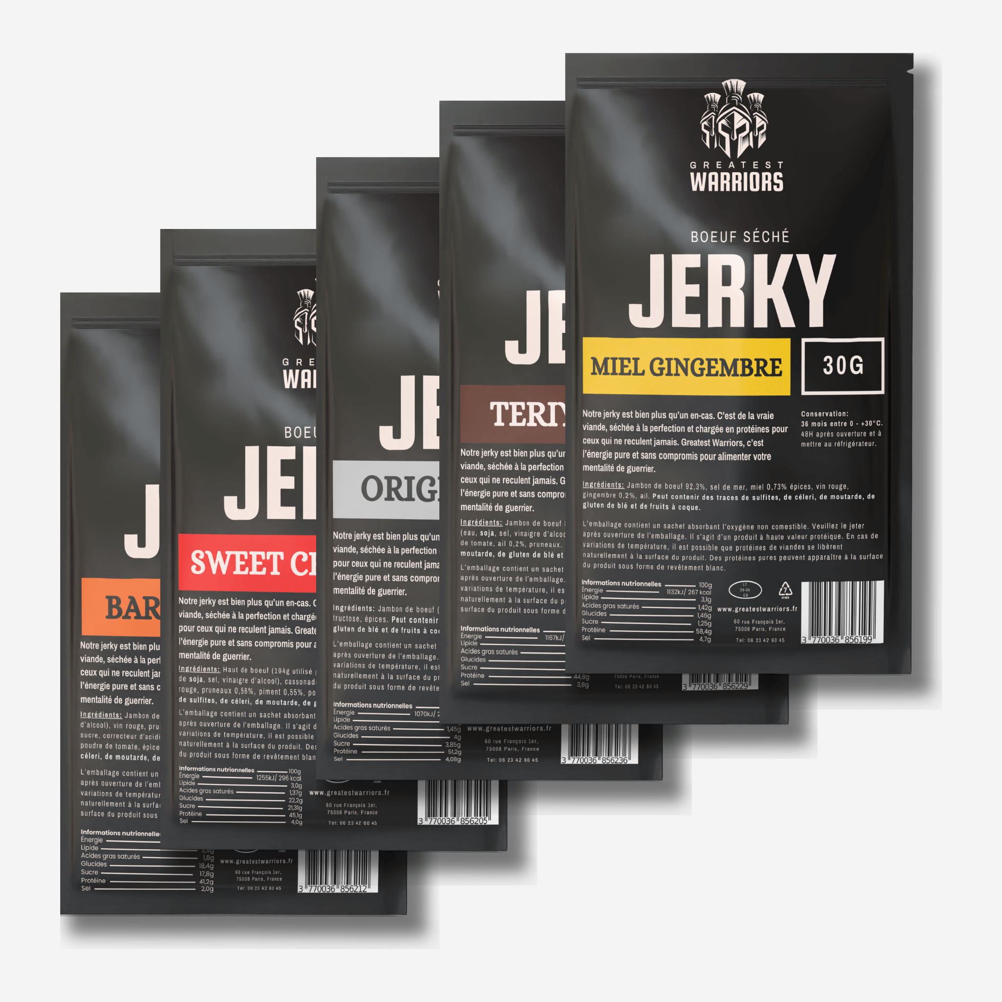 Packs de viande séchée 30g – Saveurs Miel Gingembre, Teriyaki, Original, Sweet Chili et Barbecue, riche en protéines pour un encas pratique et savoureux.
