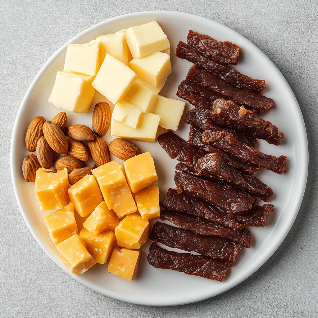 Assiette blanche garnie de viande séchée, cubes de fromage cheddar, morceaux de fromage blanc et amandes entières – un snack équilibré et riche en protéines