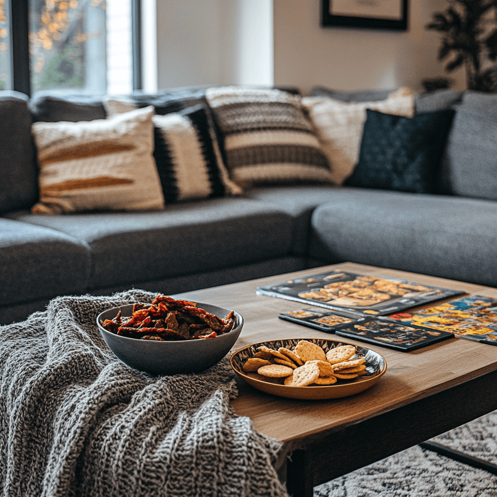 Bols de viande séchée et de biscuits sur une table basse en bois, entourés de puzzles et d'un canapé confortable, créant une ambiance chaleureuse et conviviale.