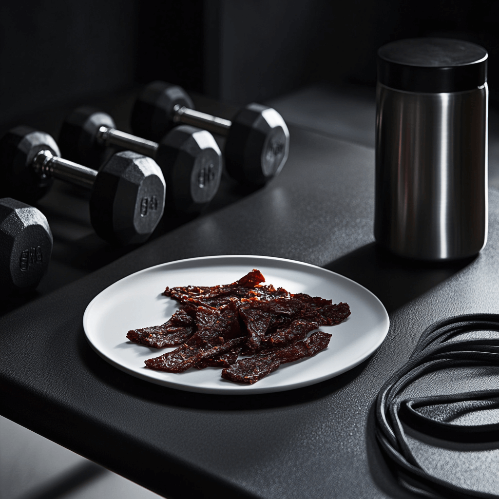 Viande séchée présentée sur une assiette blanche dans une salle de sport, accompagnée d'haltères, d'une bouteille en acier inoxydable et de cordes d'entraînement – idéale pour les athlètes et amateurs de CrossFit.