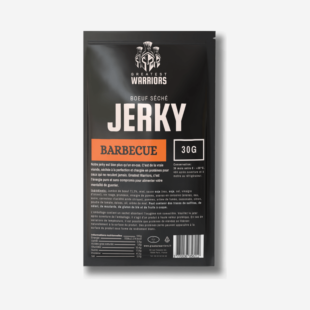 Sachet de 30g de viande séchée saveur Barbecue de Greatest Warriors – une collation riche en protéines au goût fumé et intense, idéale pour les modes de vie actifs.
