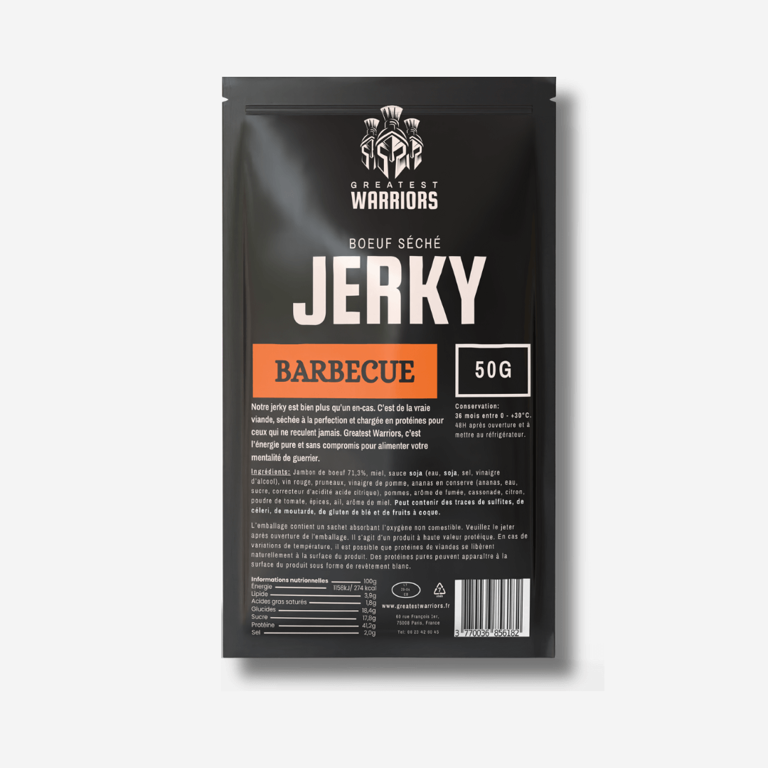 Sachet de 50g de viande séchée saveur Barbecue de Greatest Warriors – une collation riche en protéines avec un goût fumé et corsé, idéale pour les aventuriers et les sportifs.