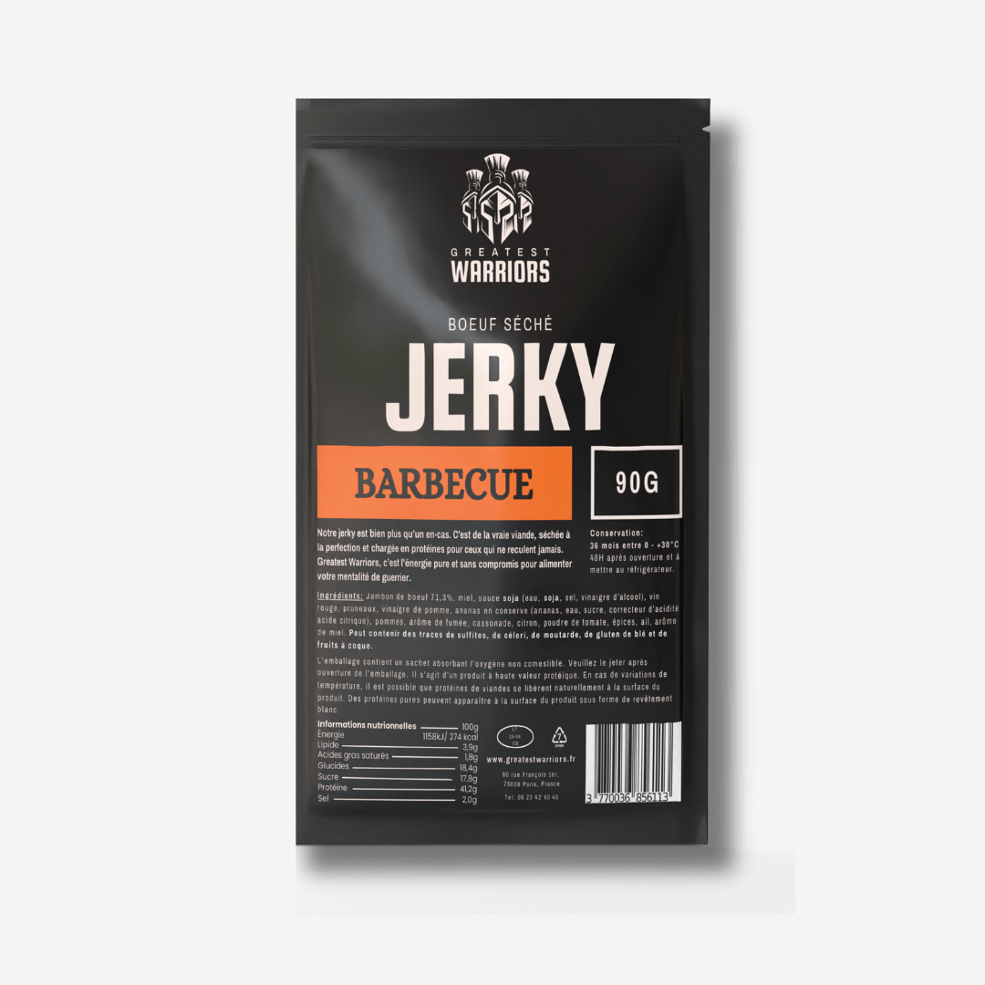 Sachet de 90g de viande séchée saveur Barbecue de Greatest Warriors – une collation riche en protéines, au goût fumé et intense, parfaite pour les grandes faims.