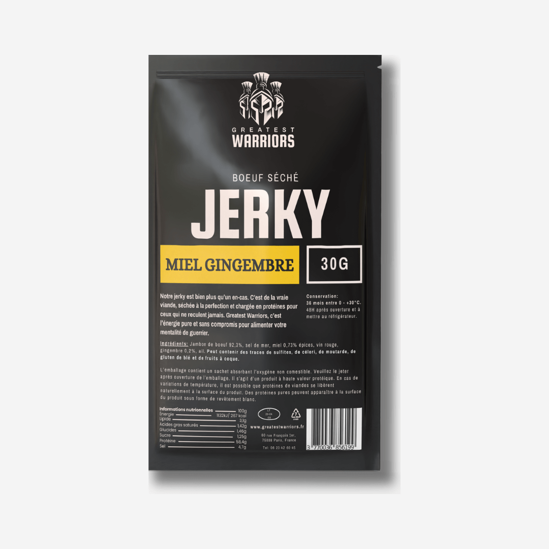 Sachet de 30g de viande séchée saveur Miel Gingembre – Une douceur épicée dans un format pratique, idéal pour une collation protéinée.