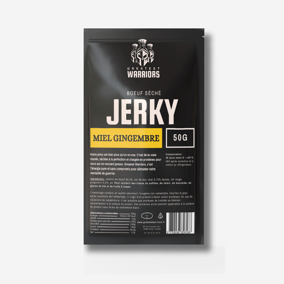 Sachet de 50g de viande séchée saveur Miel Gingembre – Une combinaison subtile de douceur et de piquant, riche en protéines.