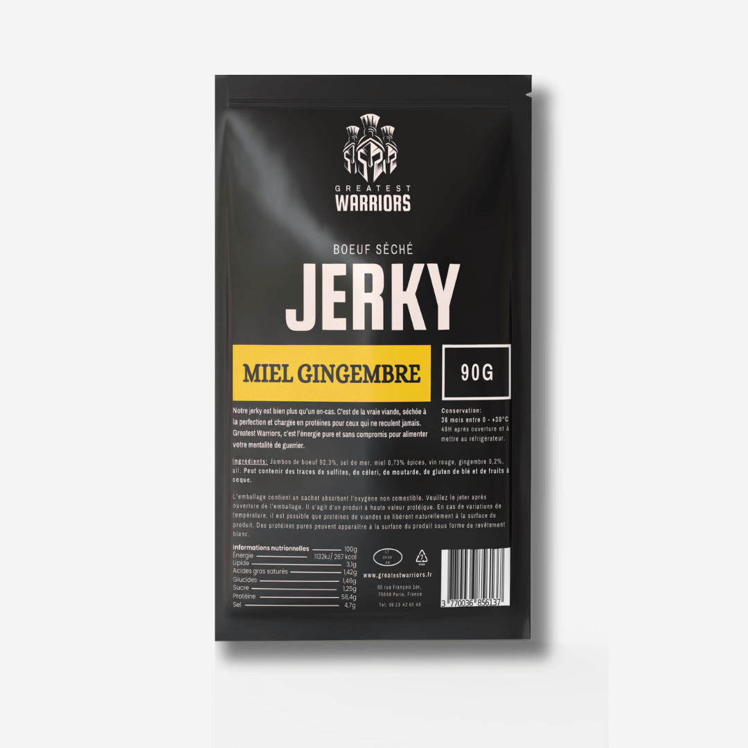 Sachet de 90g de viande séchée saveur Miel Gingembre – Un équilibre parfait entre douceur et épices, pour une collation riche en protéines.