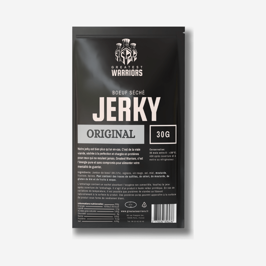 Sachet de 30g de viande séchée saveur Original – Un format léger et riche en protéines pour une pause rapide et gourmande.