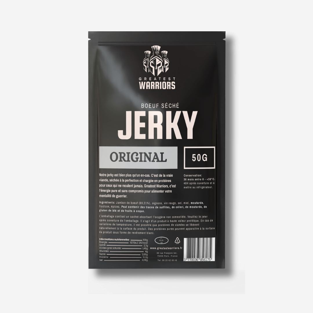Sachet de 50g de viande séchée saveur Original – Un encas classique et riche en protéines, idéal pour les pauses gourmandes.