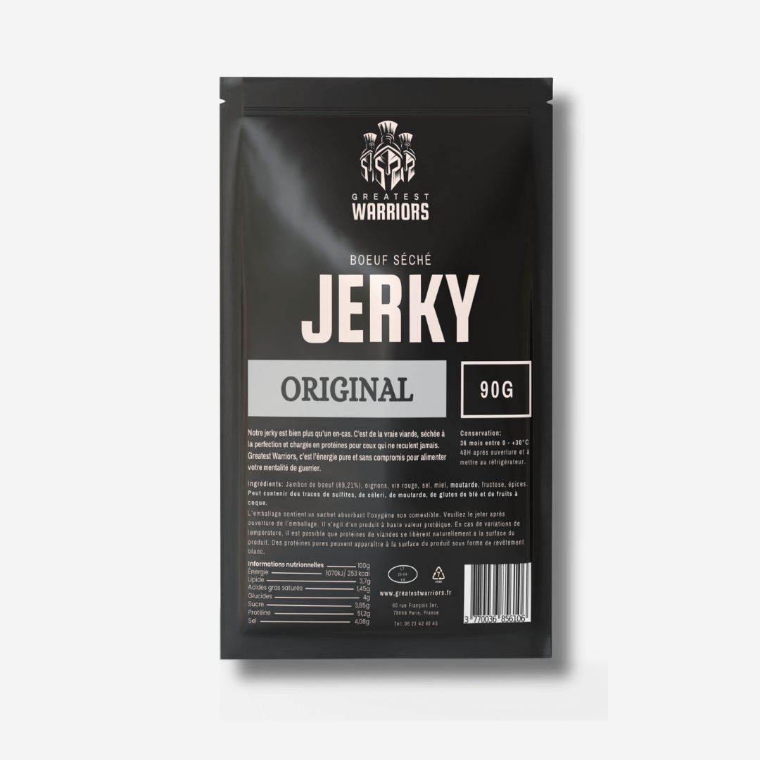 Sachet de 90g de viande séchée saveur Original – Une collation généreuse et riche en protéines pour les grandes faims.