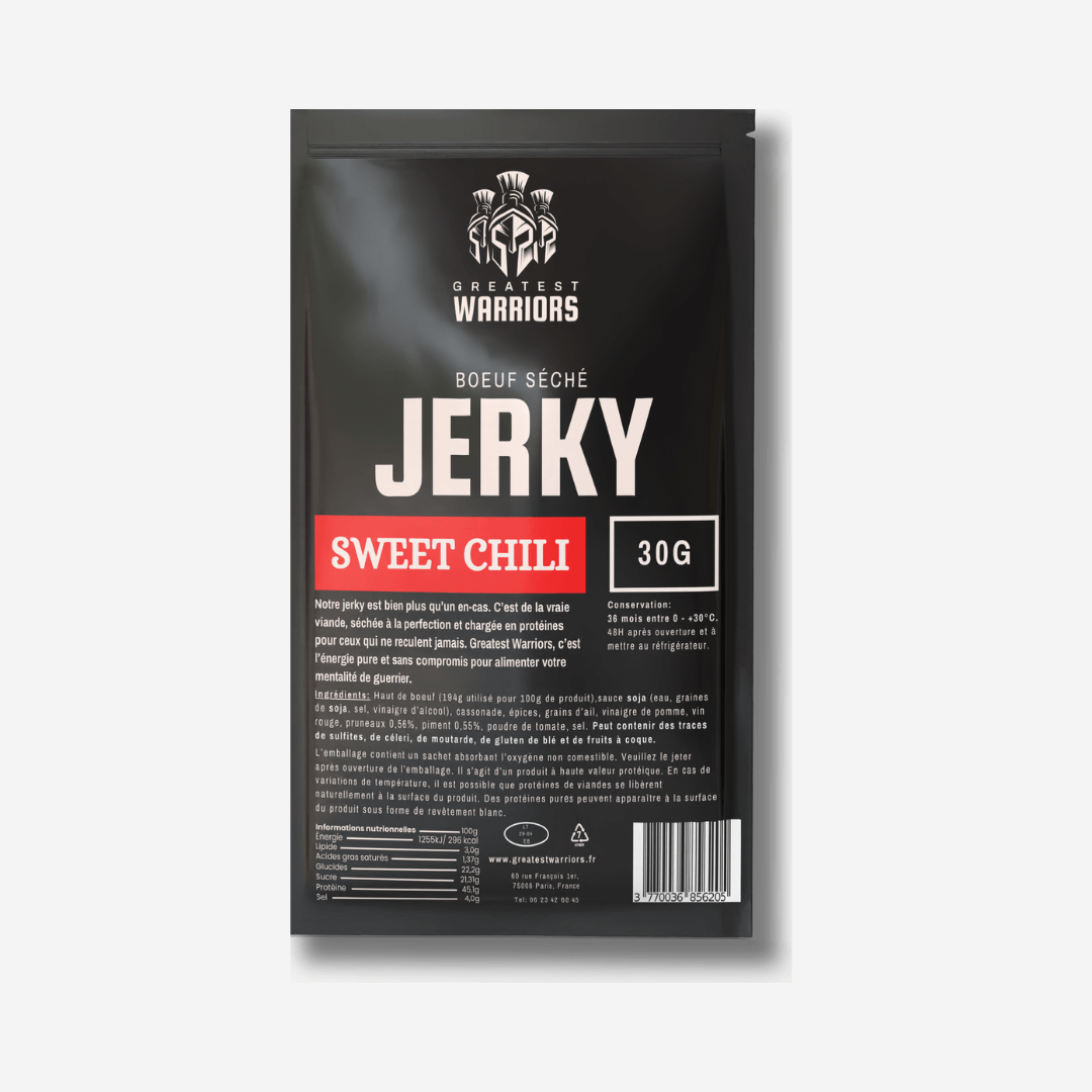 Sachet de 30g de viande séchée saveur Sweet Chili de Greatest Warriors – une petite portion riche en protéines et au goût doux et légèrement épicé.