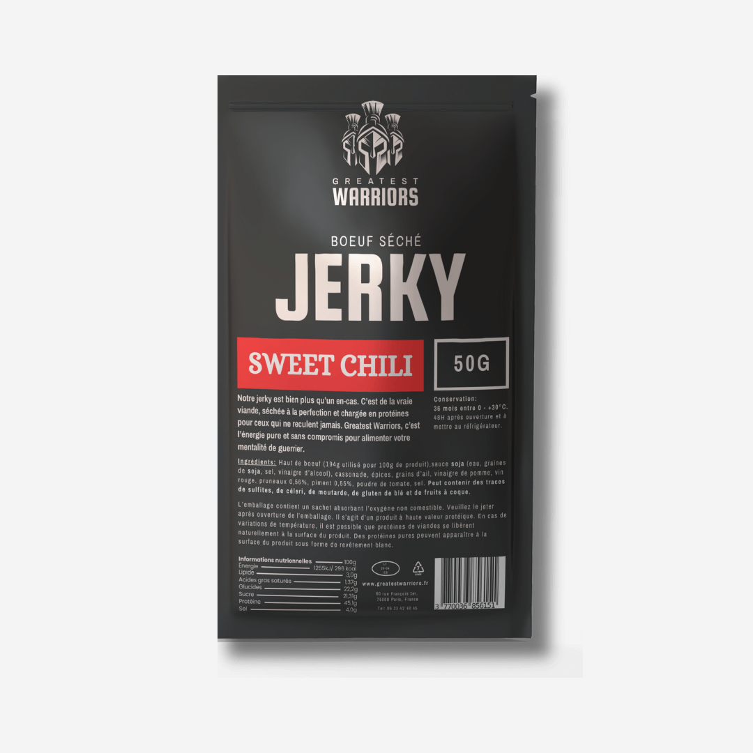 Sachet de 50g de viande séchée saveur Sweet Chili de Greatest Warriors – une collation équilibrée entre douceur et piquant, idéale pour les amateurs de sensations gustatives uniques.