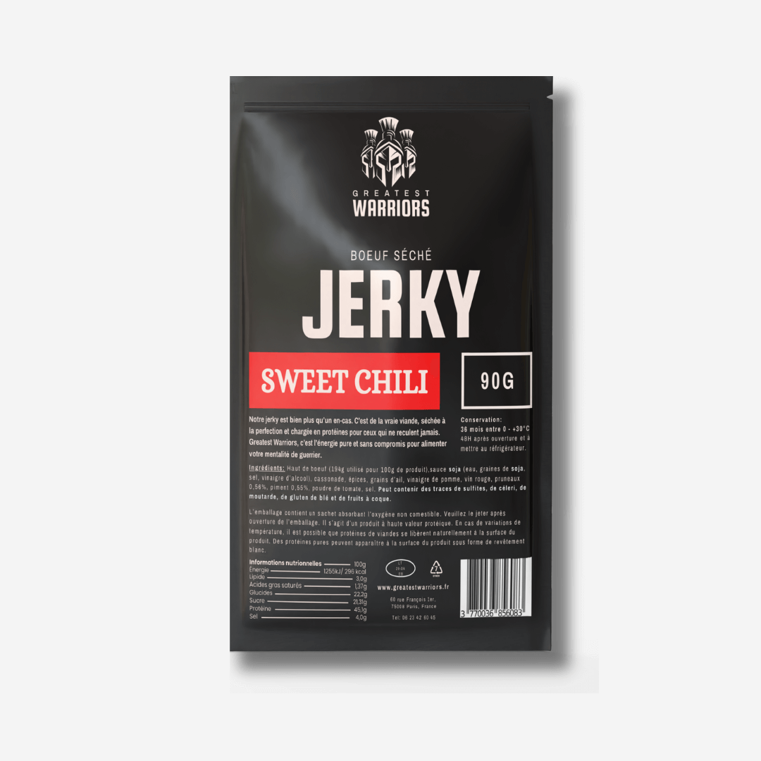 Sachet de 90g de viande séchée saveur Sweet Chili – Collation protéinée avec une touche douce et épicée, parfaite pour les grandes faims.
