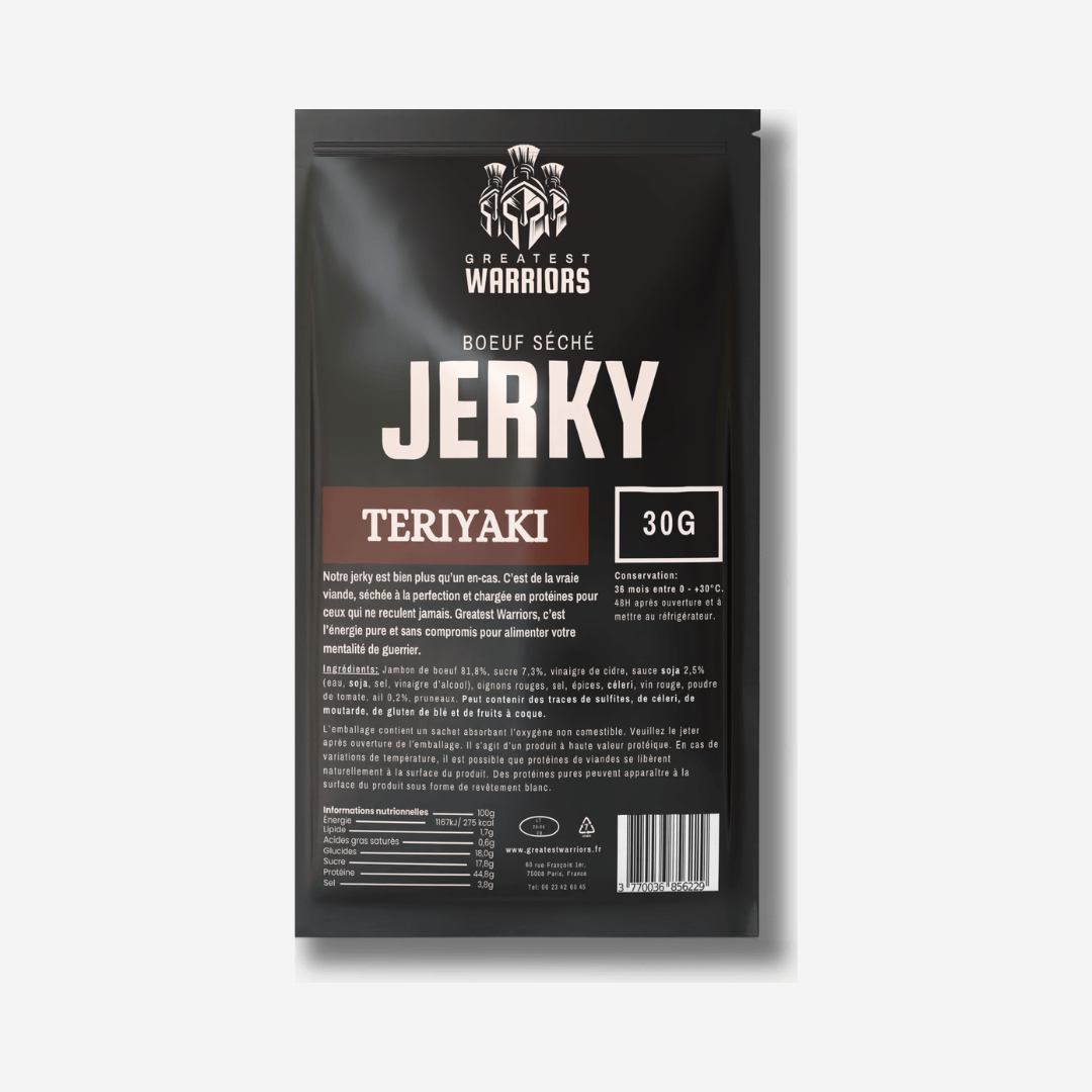 Sachet de 30g de viande séchée saveur Teriyaki – Un encas pratique et riche en protéines pour un goût umami intense.