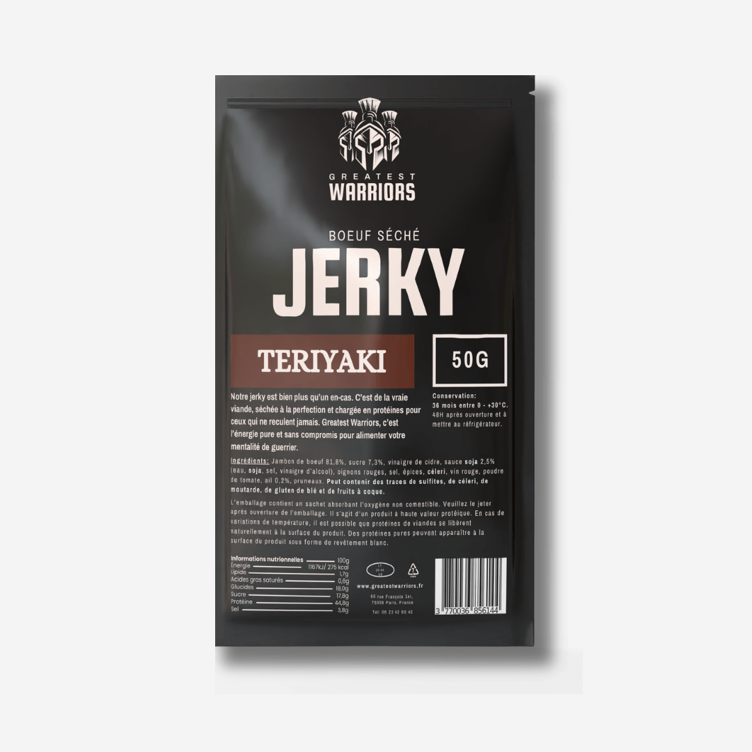 Sachet de 50g de viande séchée saveur Teriyaki – Un snack savoureux et riche en protéines, parfait pour les journées actives.