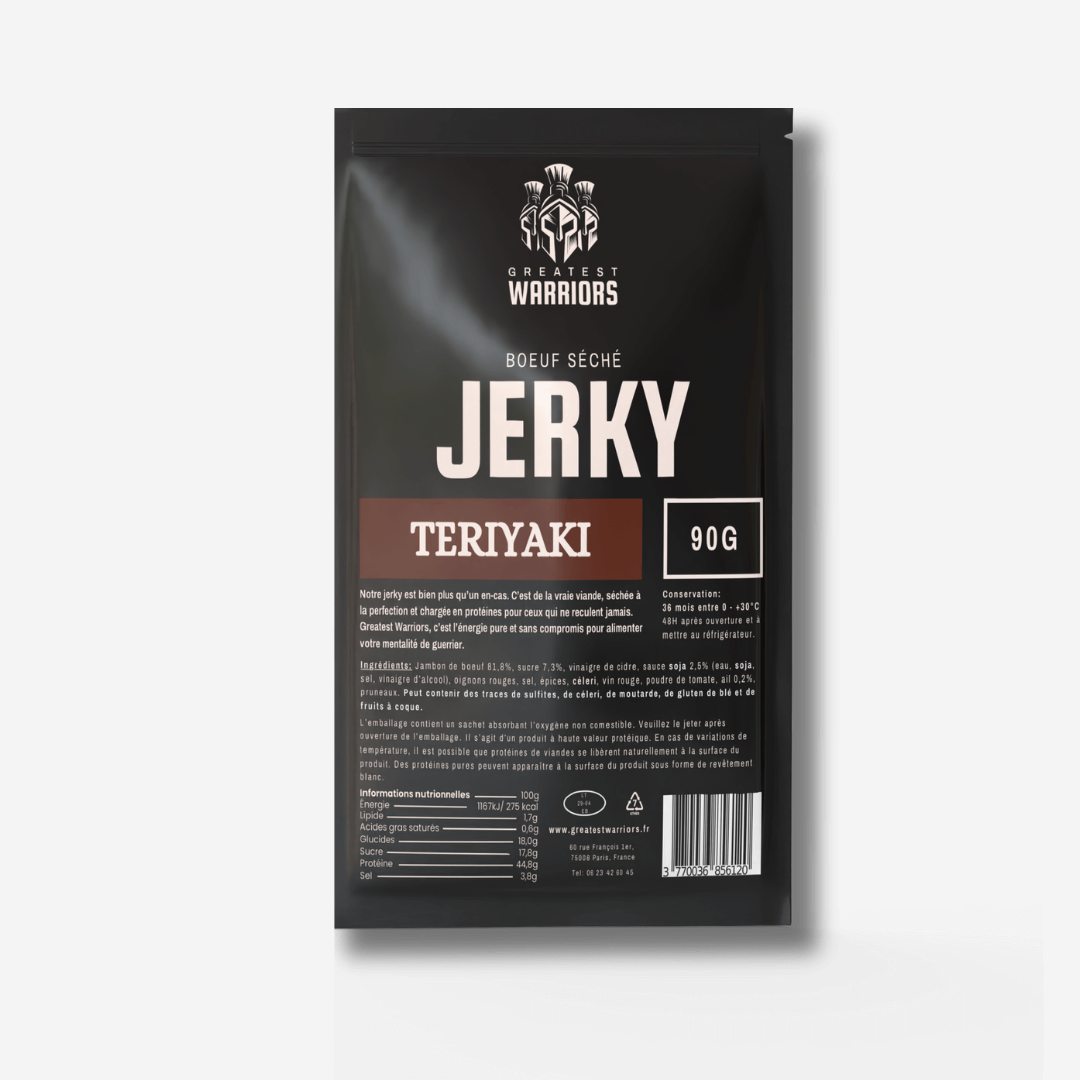 Sachet de 90g de viande séchée saveur Teriyaki – Une collation riche en protéines et au goût umami, parfaite pour les aventuriers.